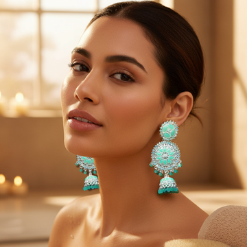 BLUE FLOWER HEAVY WORK DESIGN DROP DOWN EARRINGS