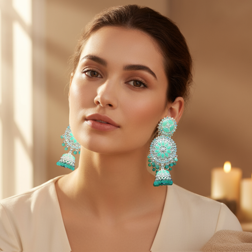 BLUE FLOWER HEAVY WORK DESIGN DROP DOWN EARRINGS