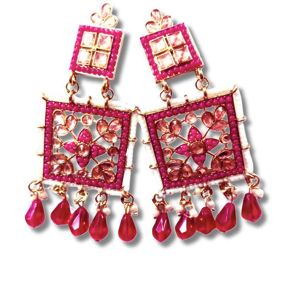 RED FLOWER HEAVY WORK DESIGN DROP DOWN EARRINGS