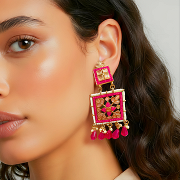 RED FLOWER HEAVY WORK DESIGN DROP DOWN EARRINGS