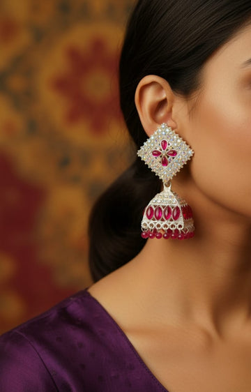 RED FLOWER HEAVY WORK DESIGN DROP DOWN EARRINGS